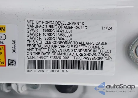 2025 Honda Accord Se from USA, damaged, VIN 1HGCY1F42SA012946